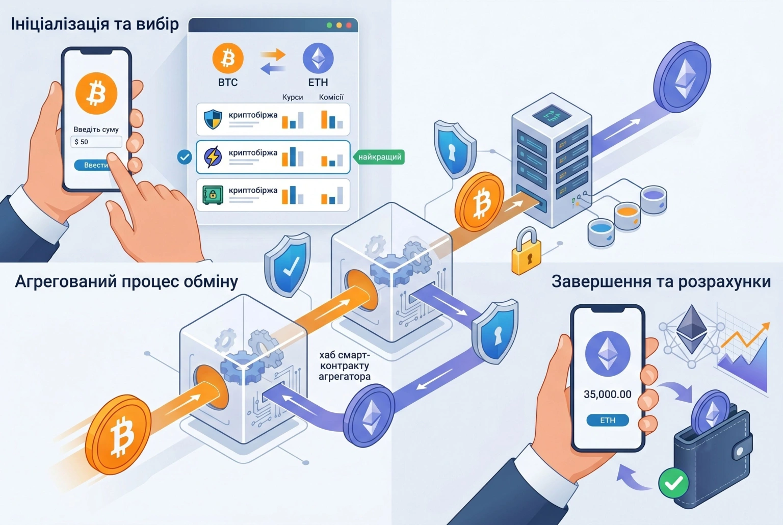 Тонкощі обміну Bitcoin (BTC) на Ethereum (ETH) за спеціальною схемою за участю агрегатора обмінників